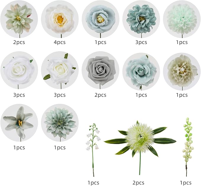 Artificial Flowers Combo Teal Blue Flowers Mix Silk Flowers Dahlia Roses - Image 8