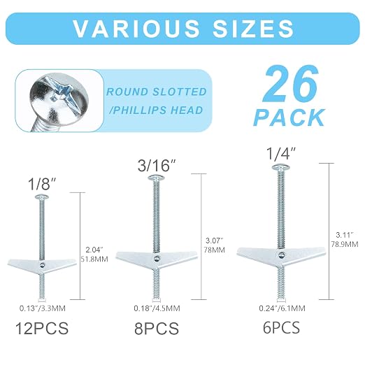 26 Sets 3 Size Toggle Bolts Heavy Duty Metal Drywall Anchors Kit | Toggle Bolts - Image 2