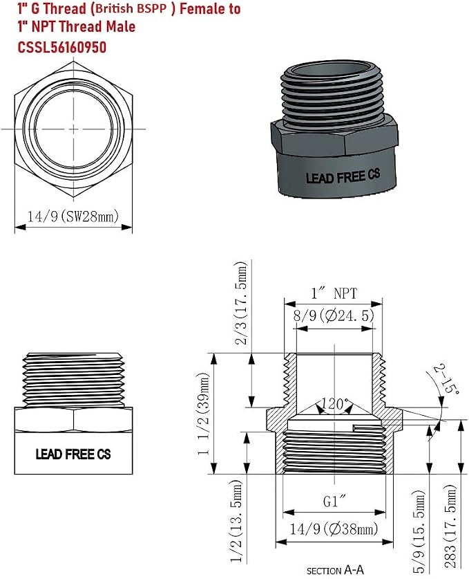 Cascada 1" G Thread Female to 1" NPT Male Adapter | Brass Pipe Fitting Adapter - Image 2