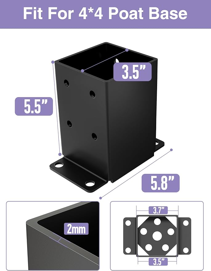 2 PCS Metal 4×4 Post Base, Inner Size 3.5"x3.5" | Heavy Duty Post Bracket - Image 2