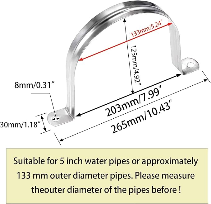 5inch Rigid Support Pipe Strap, 2 Hole U-Tube Strap Clamp, Stainless Steel - Image 2