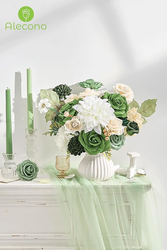 Alecono Green Pink Artificial Flowers, Silk Fake Roses Floral Set | - Image 4