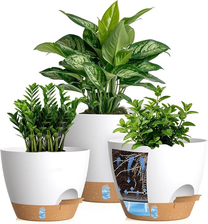 Self Watering Pots with Drainage Holes, 3 Pack 12/10/8 Inch Plant Pots with by KUGAZ