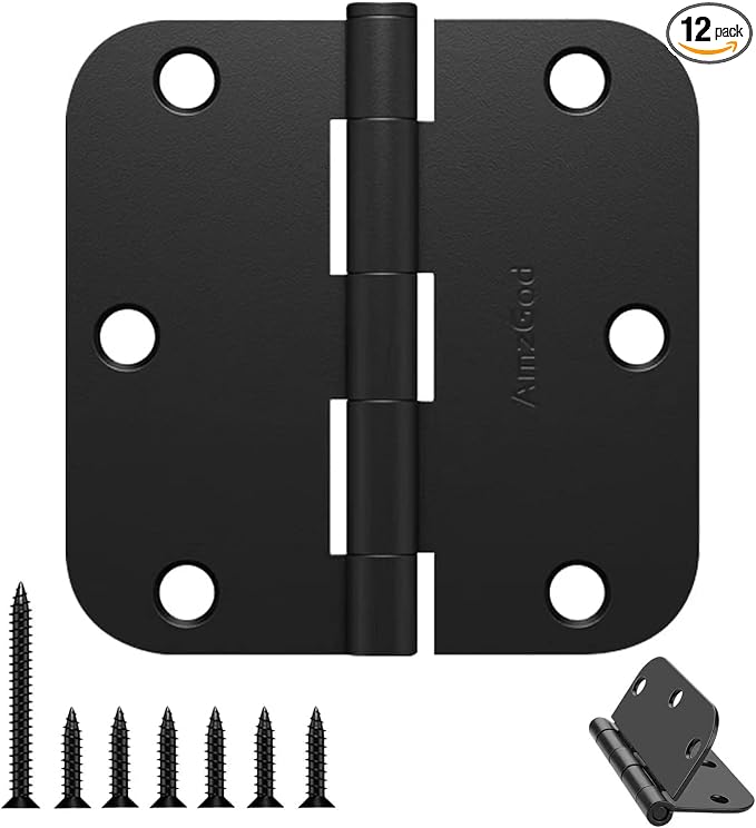 Door Hinges Matte Black 3.5 Inch Rounded 5/8" Radius 12 Pack | Black Interior by AmzGod