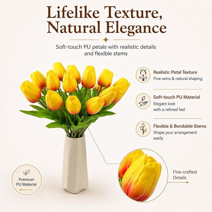 Mandy's 20pcs Artificial Sunset Tulips | 13.5 Inch Lifelike PU Tulips Faux - Image 2