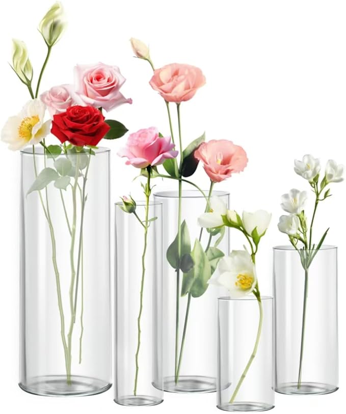 Clear Glass Vase for Centerpieces, 10 inch Tall Set of 5 Cylinder Flower Vase by Zomiol