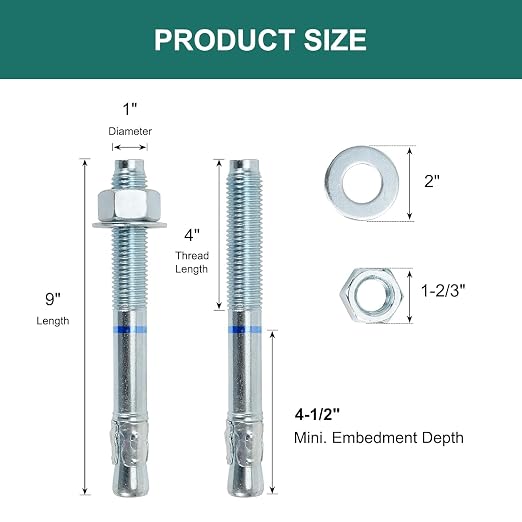 1" x 9" Concrete Anchors 1 inch Wedge Anchors Bolts Zinc Plated - Image 2