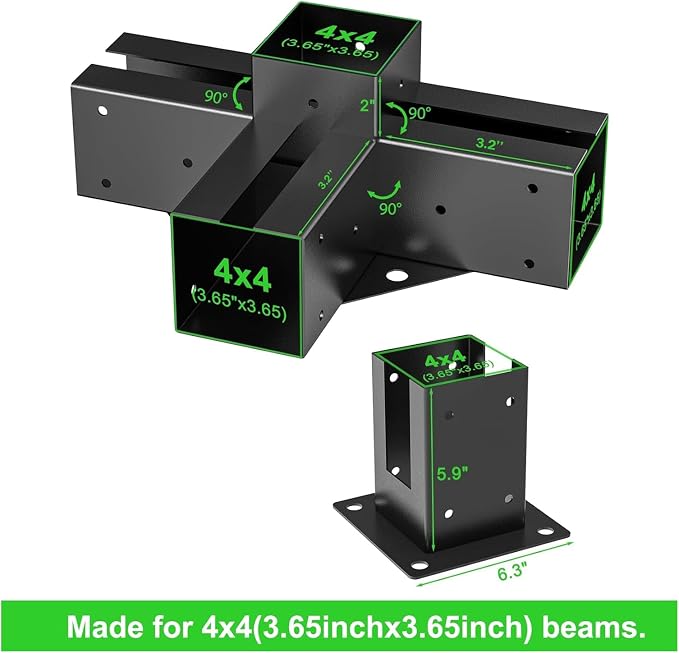 4x4 Pergola Brackets Kit, 3.6 in, 2 4-Way Corners, 2 Post Bases | Q235 Steel - Image 5