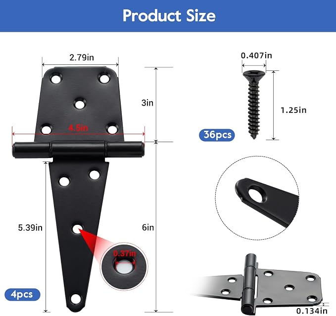HOME MASTER HARDWARE 6" Heavy Duty Gate Hinges, 4 Pack T-Strap Hinge, Shed Door - Image 2