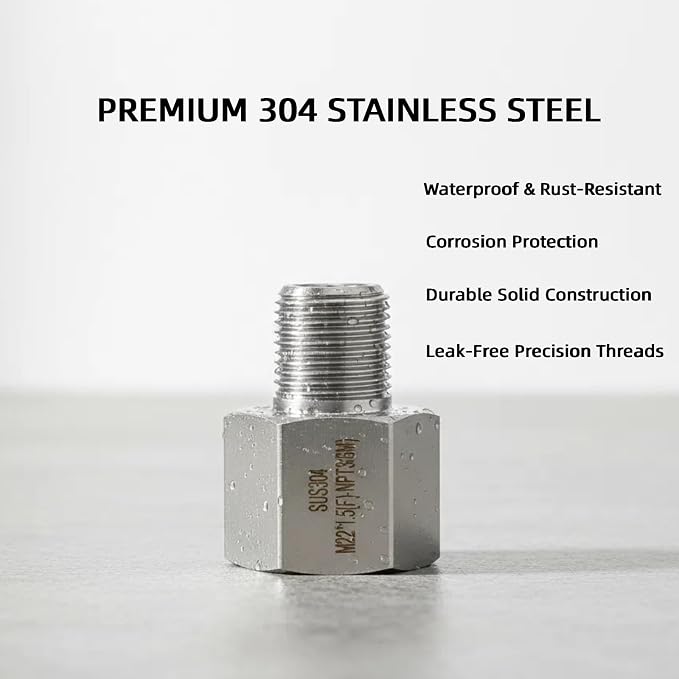 SummerHolz 3/8" NPT Male to M22 x 1.5 Female Adapter, 304 Stainless Steel - Image 4