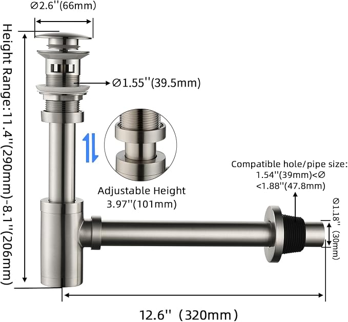 Bathroom Sink Stopper P-Trap Complete Set Adjustable Bottle Trap Solid Brass - Image 3