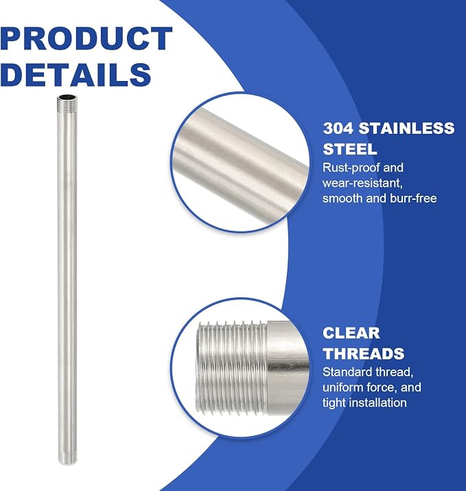 PATIKIL 304 Stainless Steel Pipe Fitting, 2 Pack 1/2" BSP Male x 1/2" BSP Male - Image 4