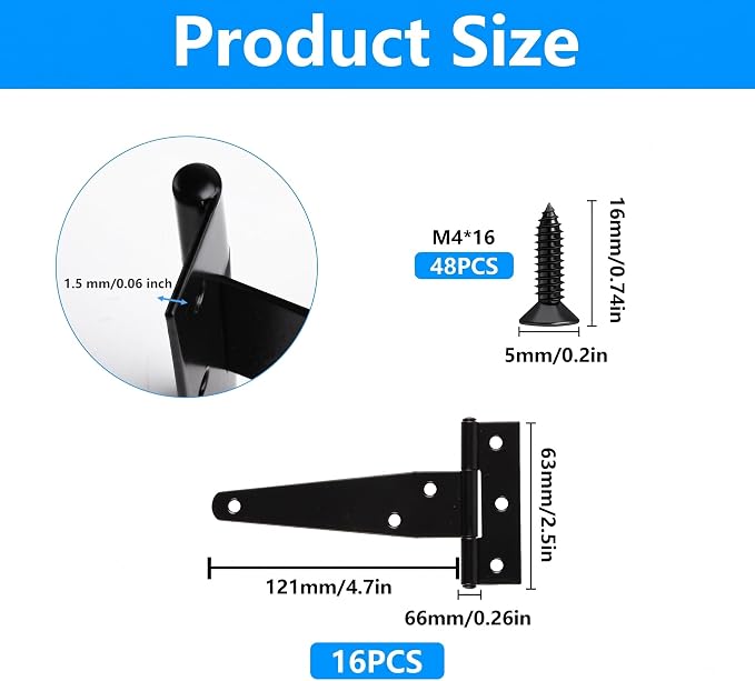 16 Pack 4 Inch T Strap Hinges Heavy Duty Black Outdoor Tee Hinge | Shed Door - Image 2