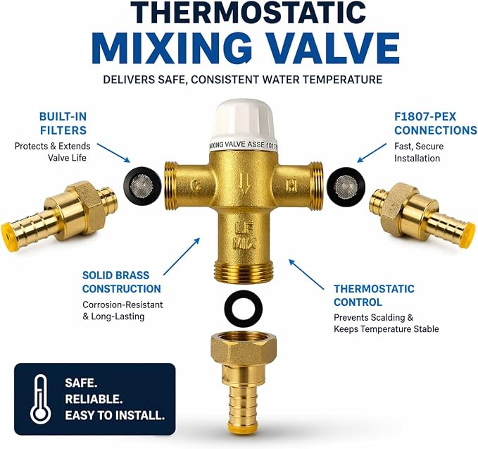 1/2" F1807-PEX Thermostatic Mixing Valve, Cert: ASSE, NSF | TMV, Precise water - Image 3