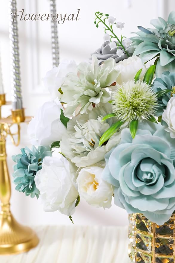 Artificial Flowers Combo Teal Blue Flowers Mix Silk Flowers Dahlia Roses - Image 2