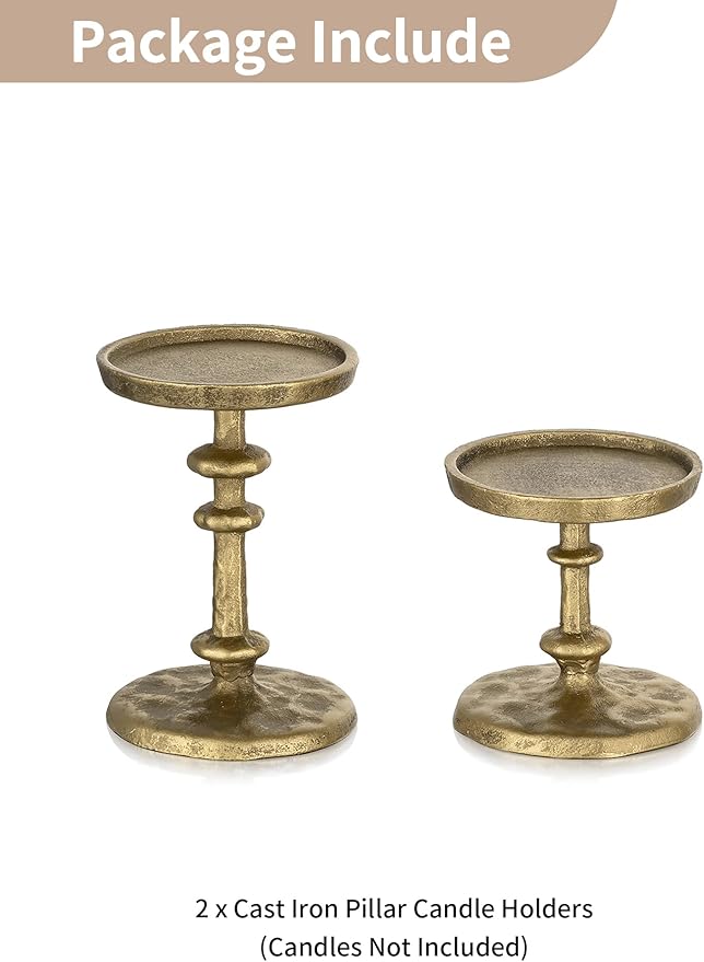NUPTIO Gold Candle Holders for Pillar: Antique Brass Cast Iron Candle Stand | - Image 6