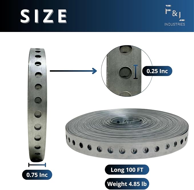 F&L Galvanized Pipe Strap 3/4" x 100 FT – Heavy-Duty 24 Gauge Steel Hanger Strap - Image 2