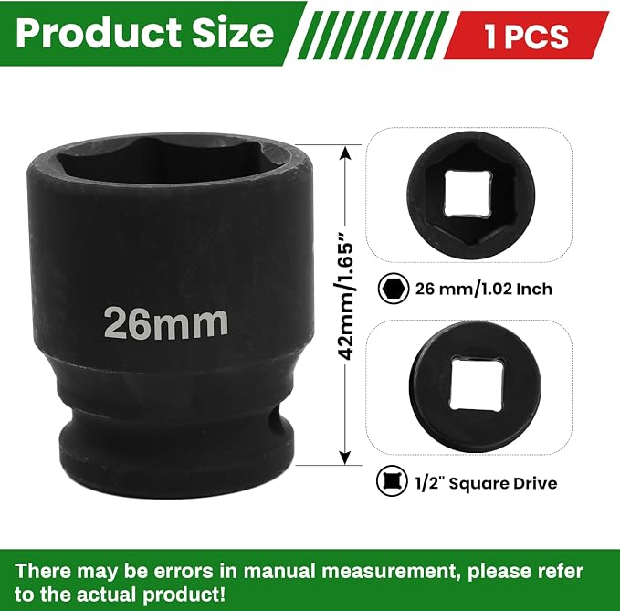 1/2" Drive 26mm Deep Impact Socket, 6 Point Chrome Molybdenum Steel Heavy Duty - Image 2