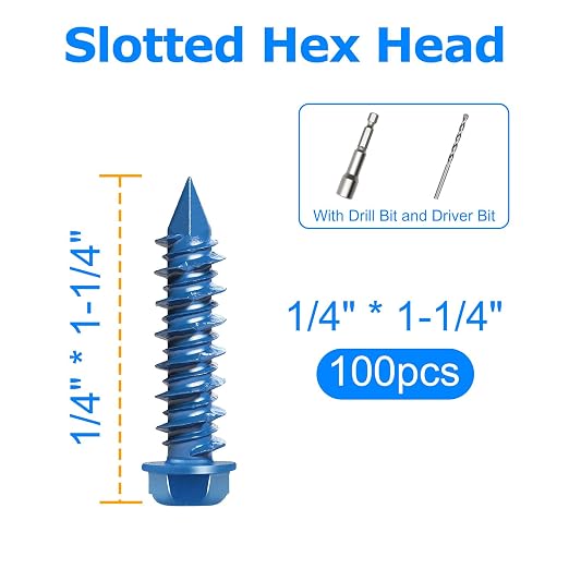 100PCS Concrete Screws Assortment Kit, 1/4" x1-1/4 Masonry Screws - Image 3