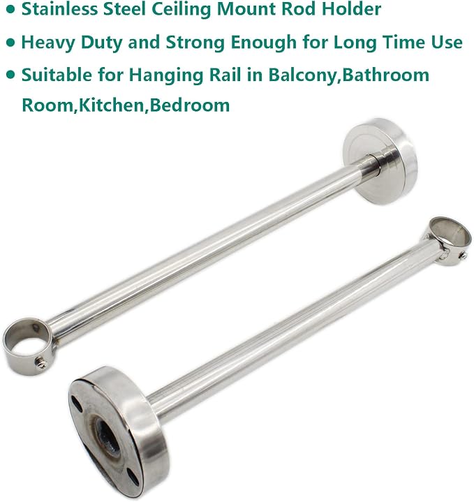 2 Pack Ceiling Mount Bracket, Stainless Steel Wardrobe Pipe Bracket Rod Holder - Image 3