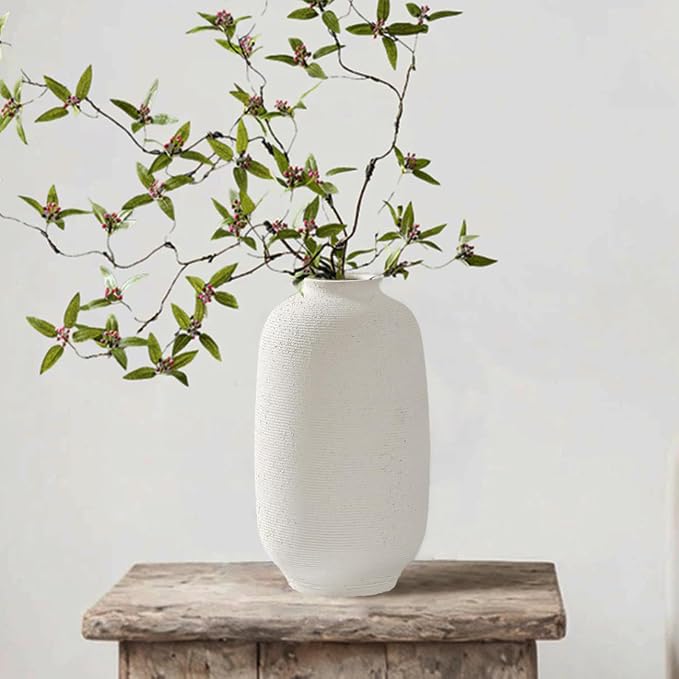 White Ceramic Flower Vase, 10.8" H | Tall Farmhouse Style, Hand-made Textured by KayolinCommunity