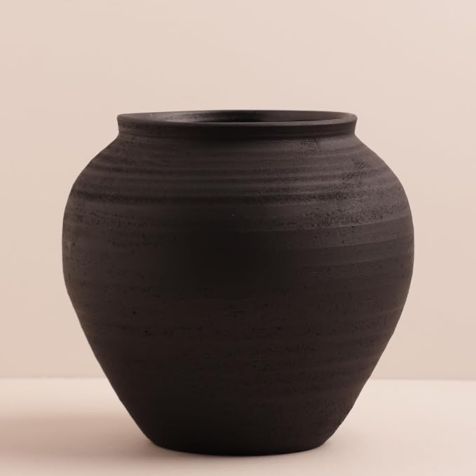 Matte Black Ceramic Vase, 6.7” Wabi-Sabi Ribbed Flower Vase, Handmade Pottery - Image 8