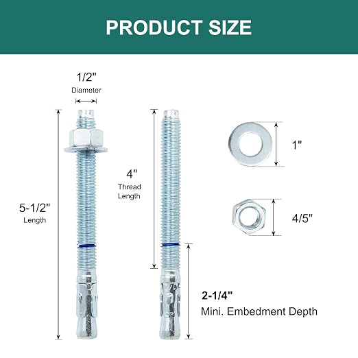 1/2" x 5-1/2" Concrete Anchors 1/2 inch Wedge Anchors Bolts Zinc Plated - Image 2
