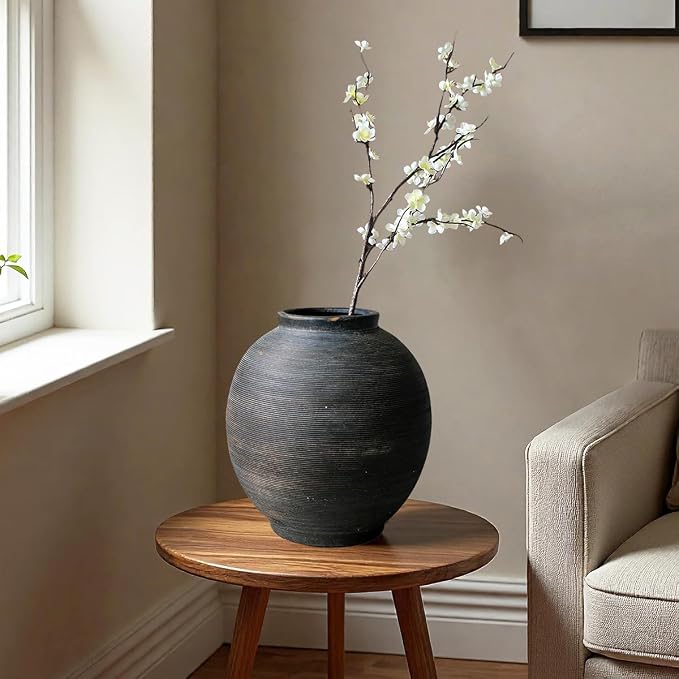 Large Black Ceramic Vase, 10.8" H, Farmhouse Table Vase, Rustic Vintage Style - Image 2