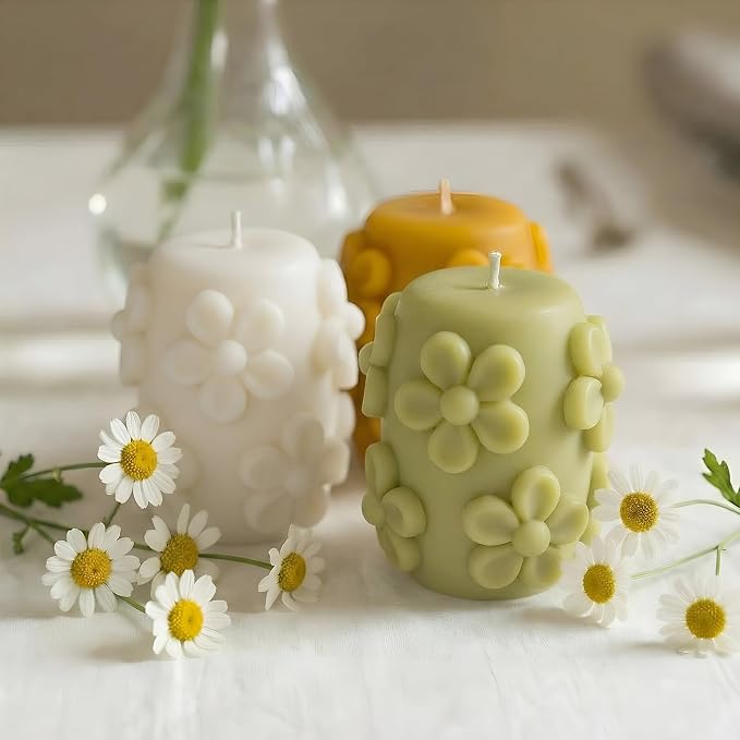 Lyrow 3 Pcs Daisy Pillar Candles 3D Embossed Floral Candle Set 3'' H Easter - Image 3