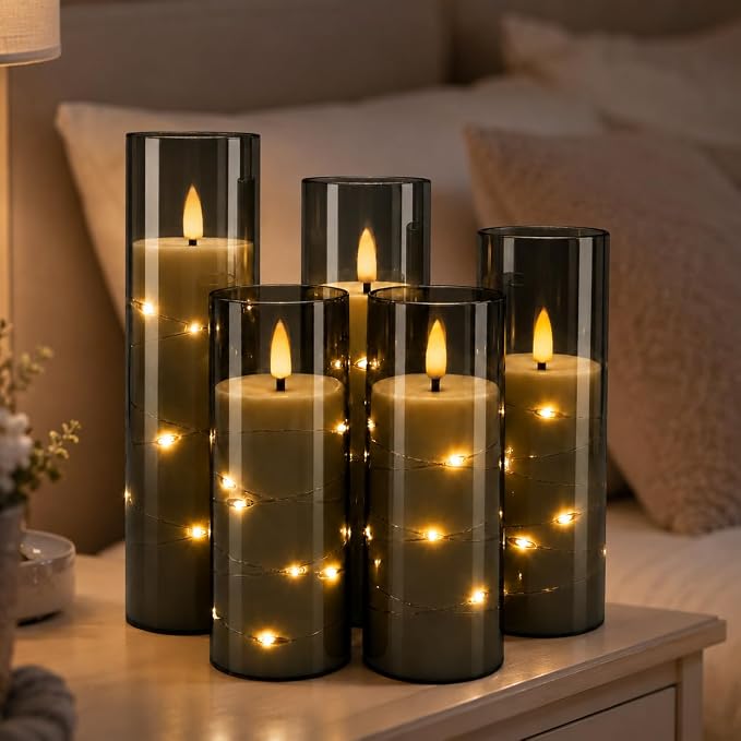 Da by 5 Pack Gray Transparent Acrylic Flameless Taper Candles, Flickering Black - Image 5