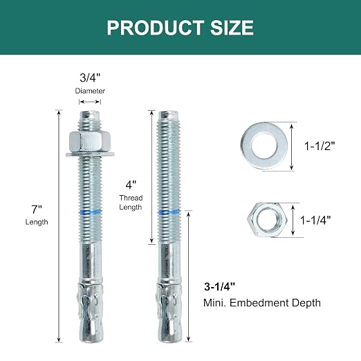 3/4" x 7" Concrete Anchors 3/4 inch Wedge Anchors Bolts Zinc Plated - Image 2