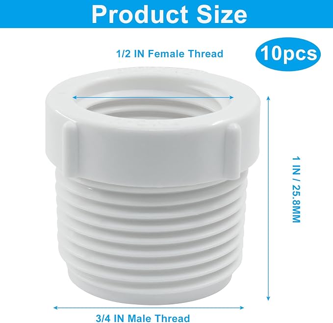 10 Pcak PVC Pipe Fitting, 3/4 Inch Male 1/2 Inch Female Thread | Reducer Bushing - Image 2