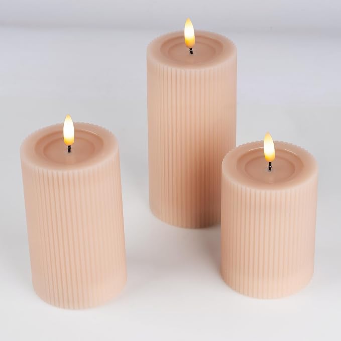 Fluted Ribbed LED Pillar Candles, Blush Beige, - Image 9