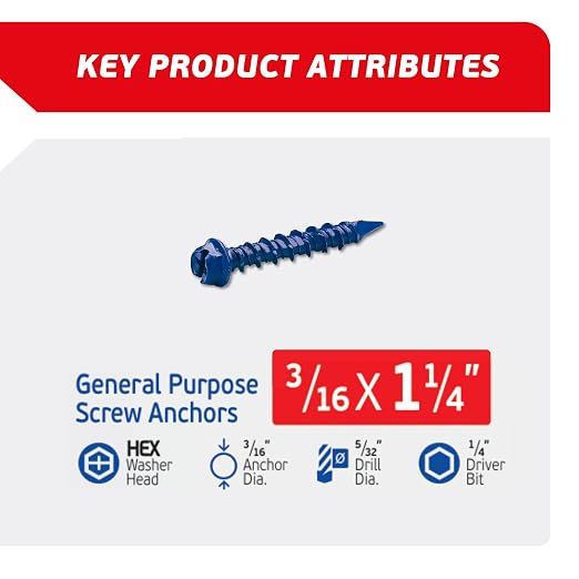 3/16 x 1-1/4" Hex Head Blue Concrete Screw Anchors - Image 2