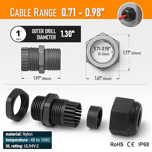1" NPT Strain Relief Nylon Cord Grip Cable Glands - Image 6