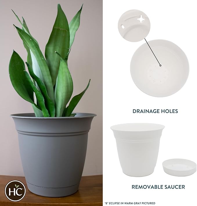 The HC Companies Eclipse Round Planter Pot, 8 Inch, Attached Saucer, Drainage - Image 2