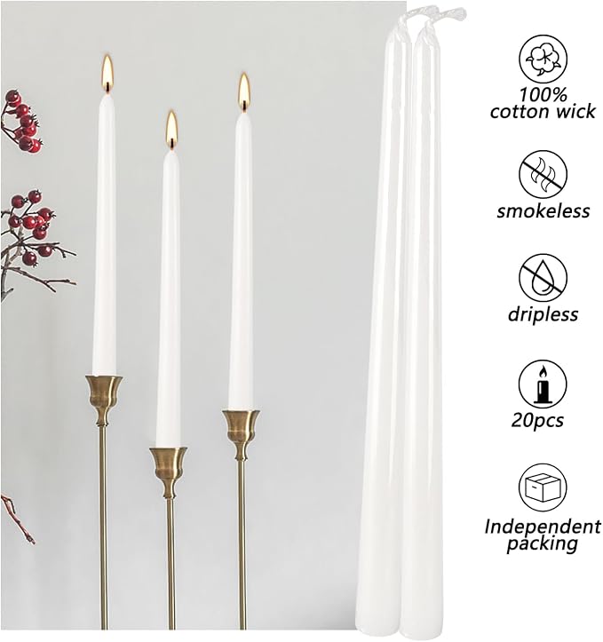 Howemon 20 Pack White Taper Candles 12 Inch Tall 3/4 Inch Thick Burn 10 Hours - Image 5