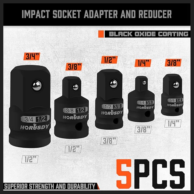 HORUSDY 5-Piece Impact Socket Adapter and Reducer Set, 1/4-Inch Hex Shank - Image 3