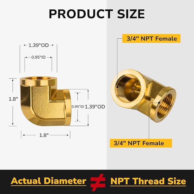 90 Degree Elbow, 3/4" × 3/4" NPT Female Brass Pipe Fitting, Street Elbow Adapter - Image 2