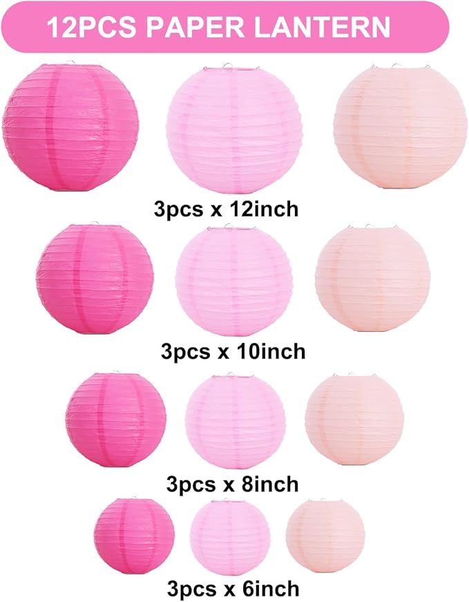 BEISHIDA Pink Mix Paper Lanterns 12Pcs 6/8/10/12 Inch Round Chinese Lamp | - Image 2