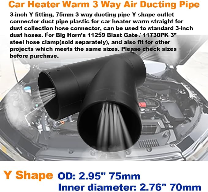 11306 3-Inch Y Fitting, 75mm 3 Way Ducting Pipe Y Shape Outlet Connector Duct - Image 2