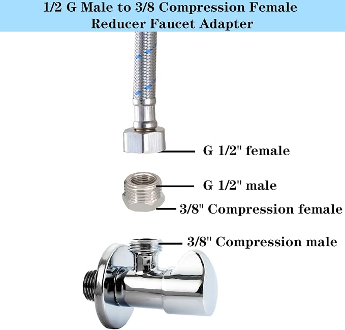 1/2" G Male to 3/8" Compression Female Reducer Faucet Adapter 4PCS | Nickel - Image 3