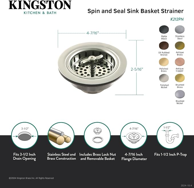 Kingston K212BB Spin andSeal Sink Basket Strainer, Brushed Brass - Image 3