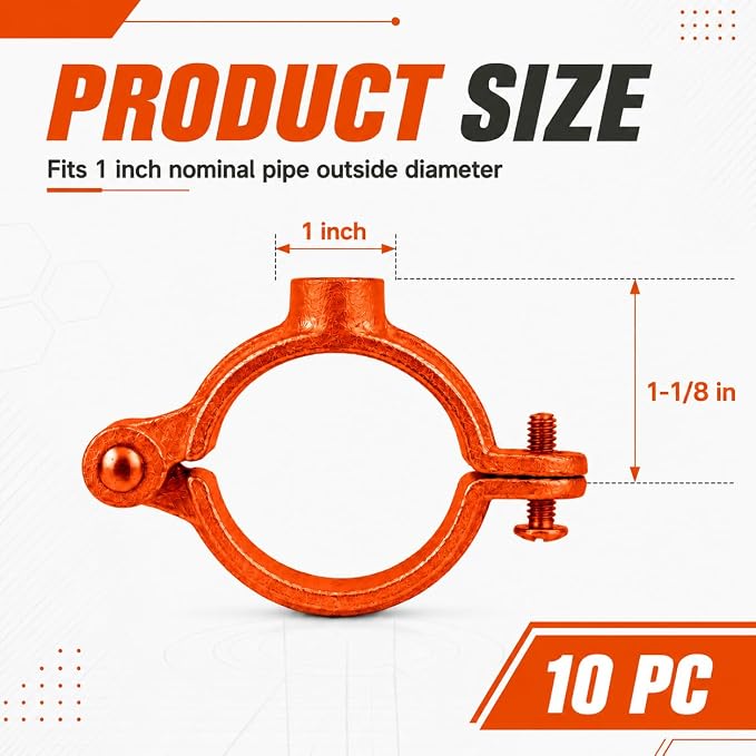 Orange 10 Pack 1'' Hinged Split Ring Pipe Hanger, Copper Epoxy Coated Iron - Image 2