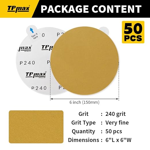 6-Inch 240-Grit Gold PSA Sanding Discs, 50 Pack – Pro-Grade Self-Adhesive - Image 2