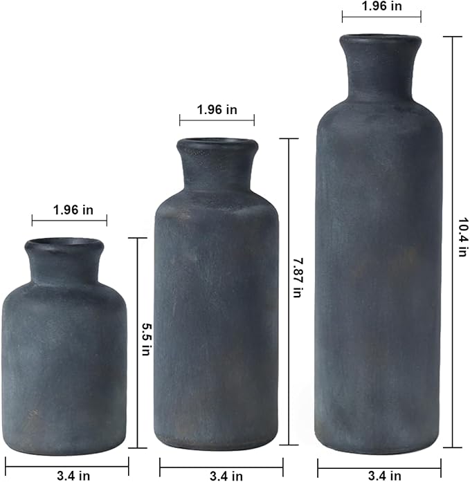 Black Ceramic Vase Set of 3, Vintage Brushed Gold Effect - Image 2