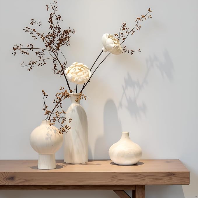 White Ceramic Vase Set of 3, Modern Organic Home Decor | Aged-stone texture by SincereLuxe