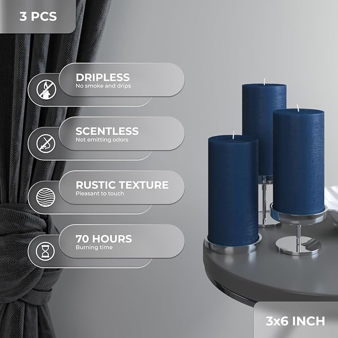 Large Pillar Candles 3x6 Inch – Set of 3 Unscented Dripless Dark Blue Candles - Image 2