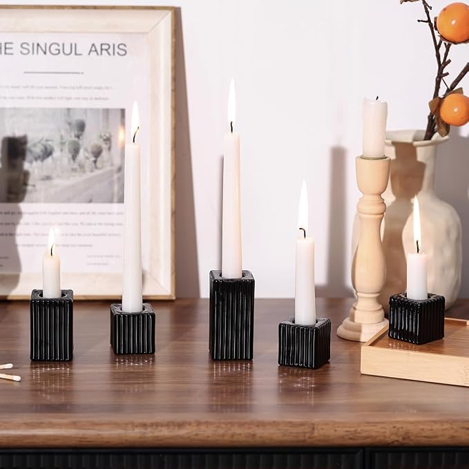 LETINE 12pcs Black Vertical Stripe Glass Candlestick Holders - Image 6