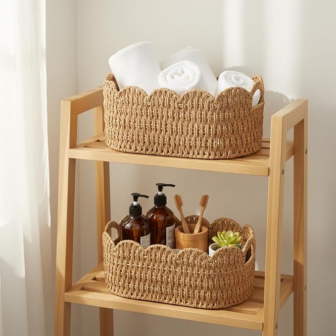 Coeusy Paper Rope Scalloped Basket Set of 2, Wicker Storage Baskets - Image 3
